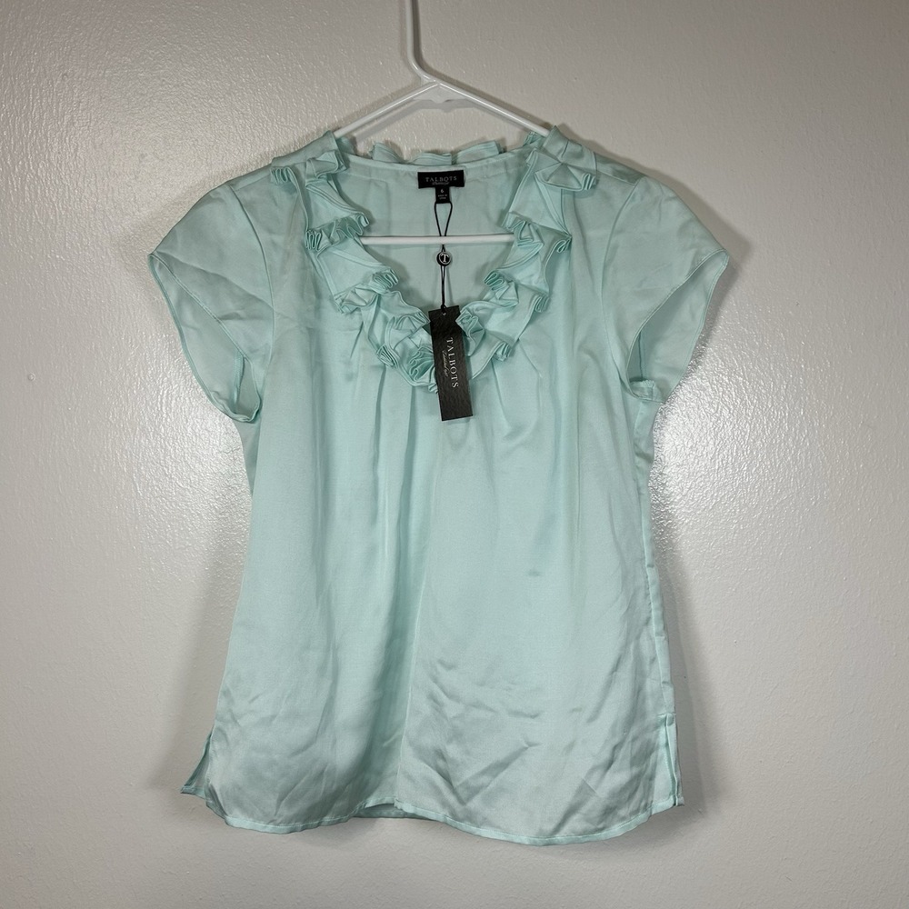 NWT Talbots Mint Green Silk Cotton Ruffled Cap Sleeve Blouse Womens 6